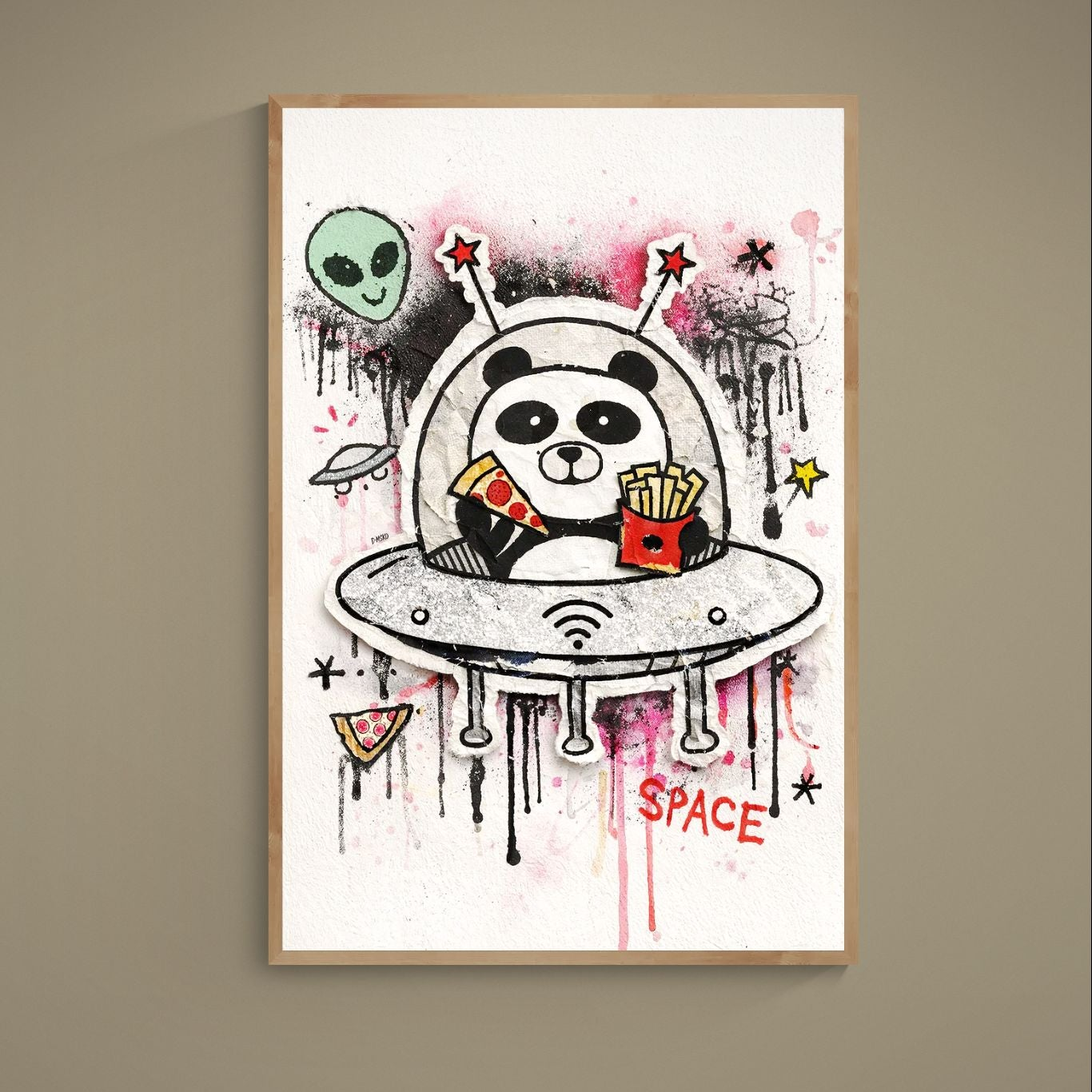 Graffiti pop art panda in a UFO holding pizza and fries with alien head, stars and SPACE lettering