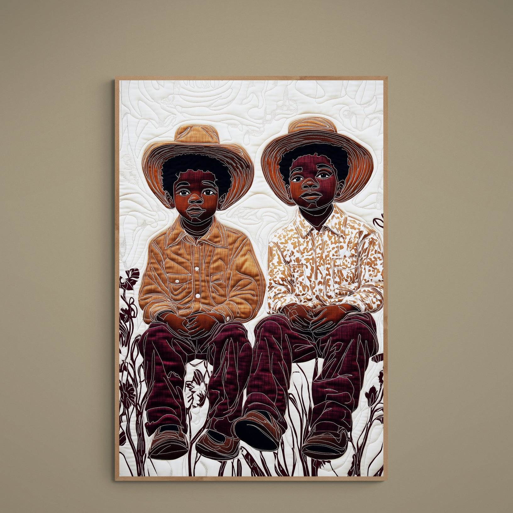 Quilt-inspired portrait poster of two boys in cowboy hats with brown and burgundy tones in a wood frame