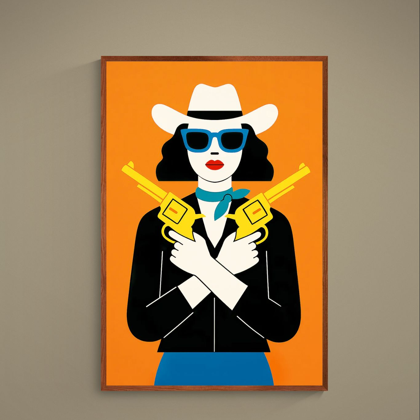 Modern retro cowgirl portrait poster with orange background, blue sunglasses, turquoise scarf and yellow revolvers