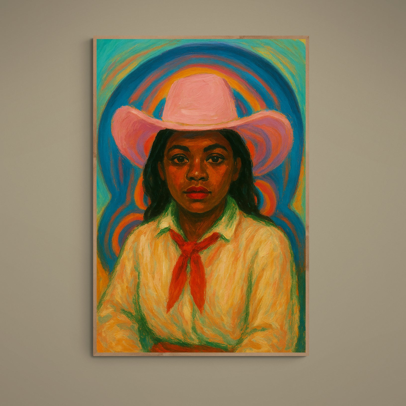 Black woman portrait in pink cowboy hat with red neckerchief and multicolor concentric halo background