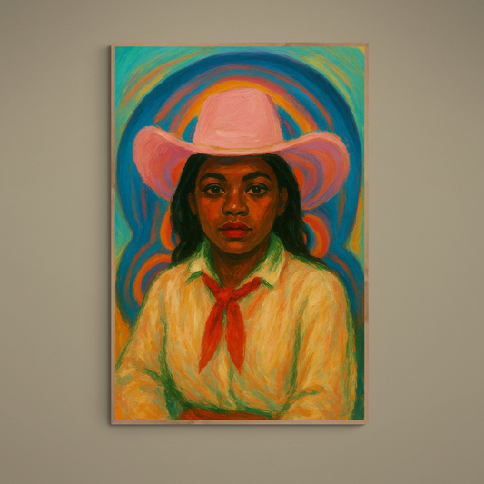 Black woman portrait in pink cowboy hat with red neckerchief and multicolor concentric halo background