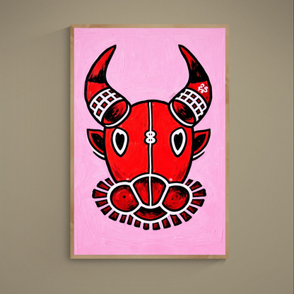 Pop-art red bull head poster with black outlines on pink textured background, signed Damsko