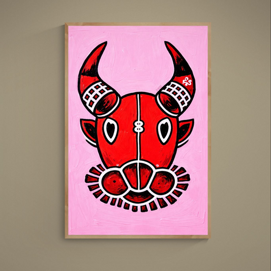 Pop-art red bull head poster with black outlines on pink textured background, signed Damsko