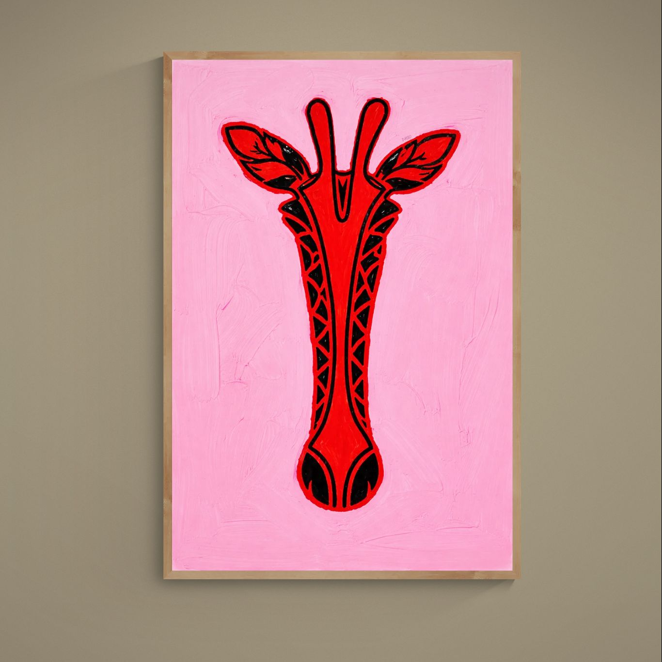 Stylized red giraffe portrait with black outlines on a saturated pink textured background