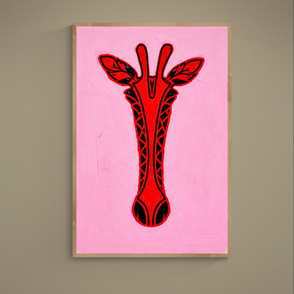 Stylized red giraffe portrait with black outlines on a saturated pink textured background