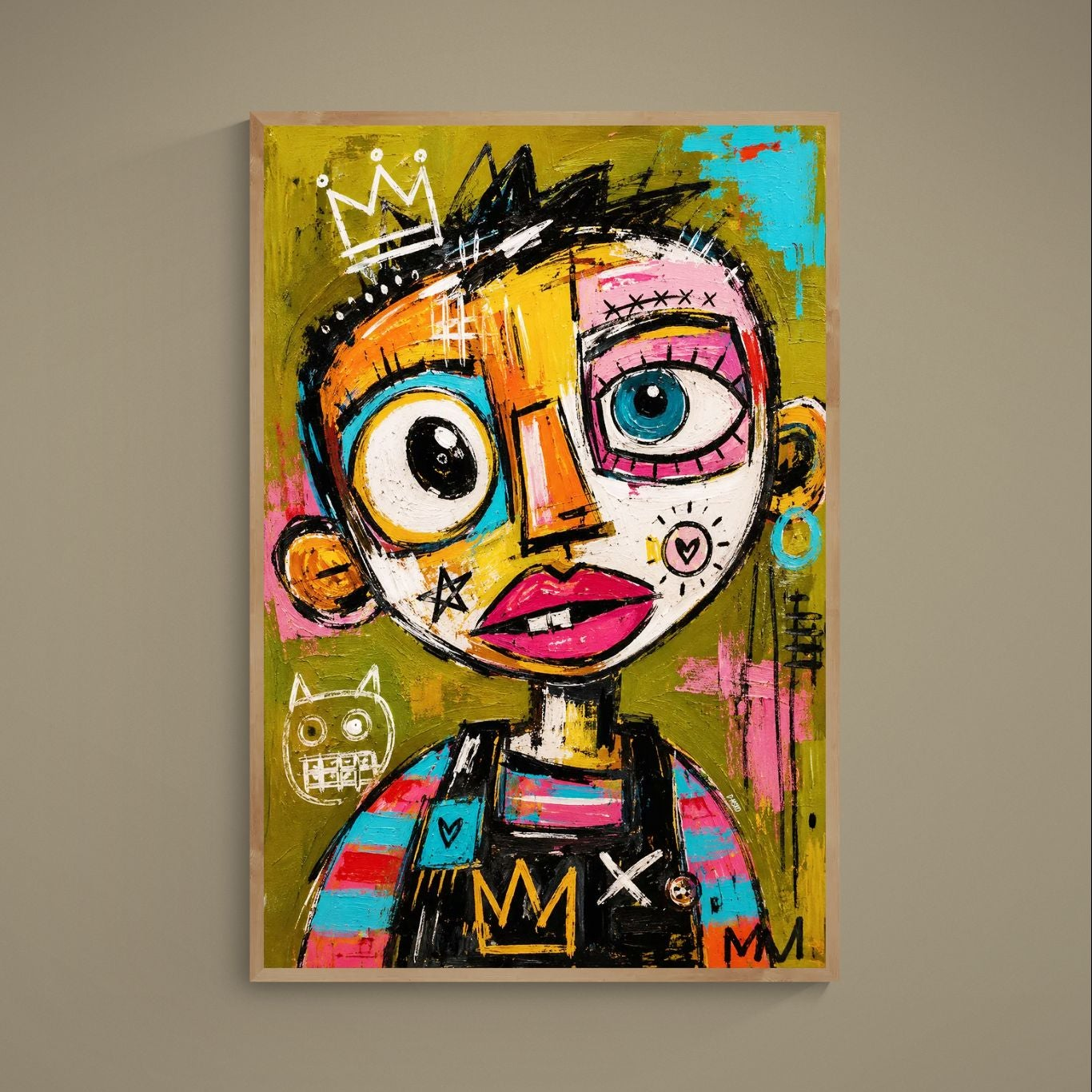 Pop art poster of a crowned child portrait in graffiti style, bold colors and black outlines on museum-quality matte paper