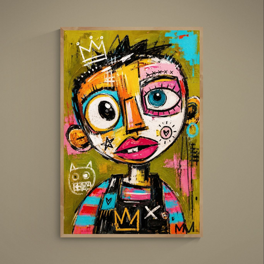 Pop art poster of a crowned child portrait in graffiti style, bold colors and black outlines on museum-quality matte paper