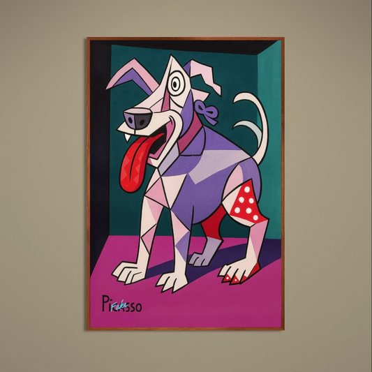 Cubist dog poster with geometric purple, green and pink shapes, black outlines and red tongue
