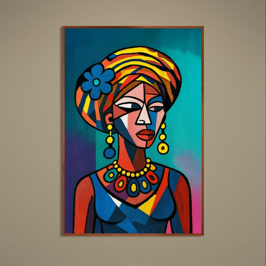 Cubist African queen portrait poster with headwrap, jewelry, floral detail, and turquoise background