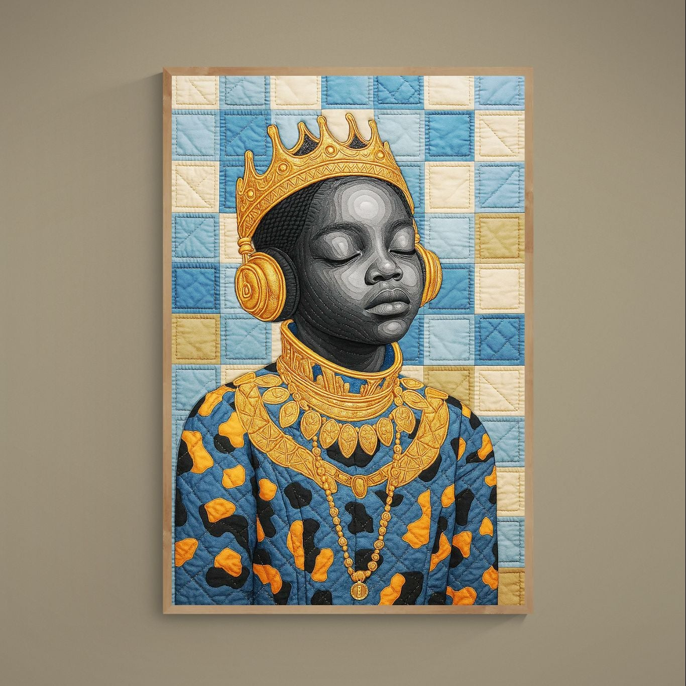 Afrofuturism portrait with gold crown, headphones and blue beige quilted checkered background