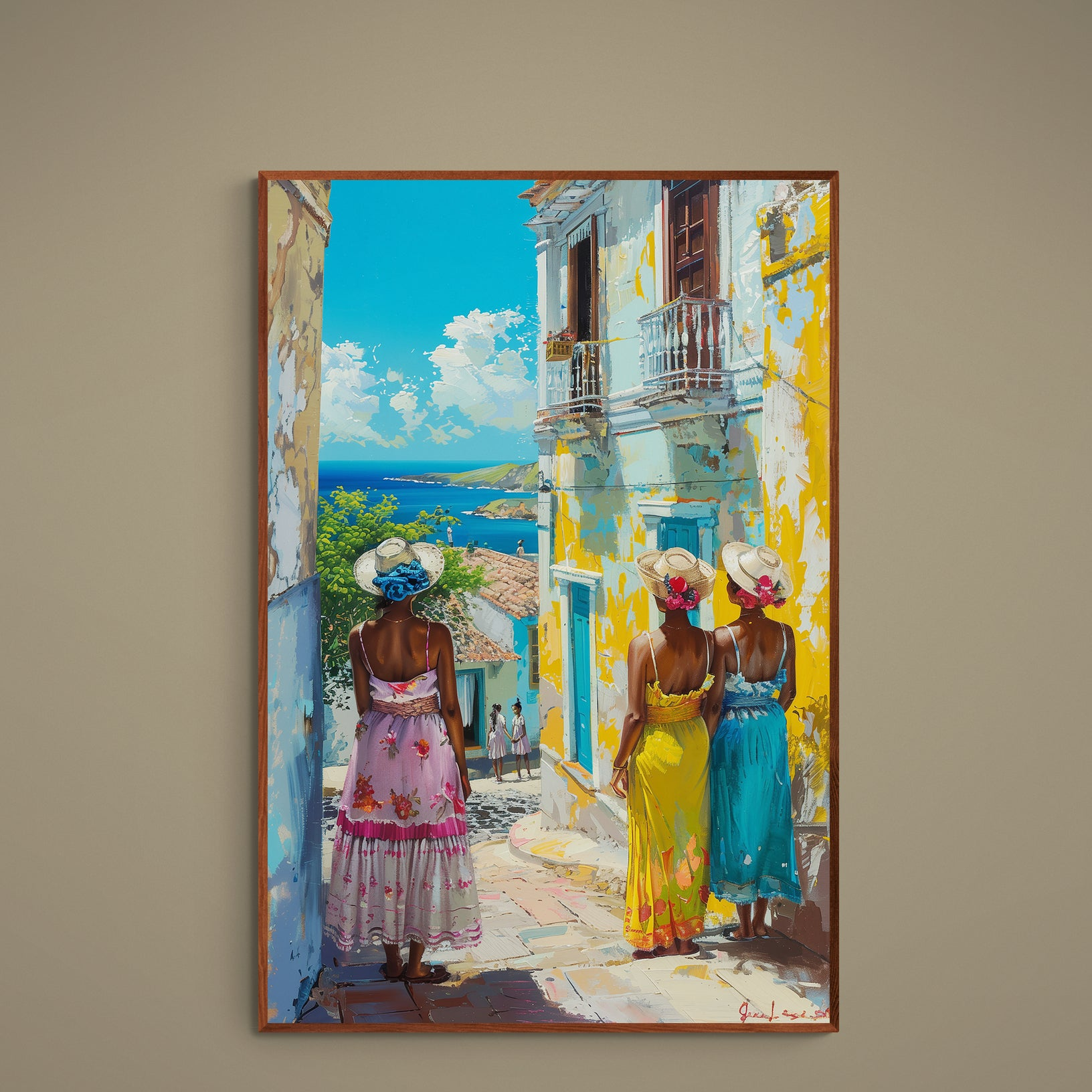 Impressionist Curacao poster with three women walking a sunlit street toward a turquoise sea
