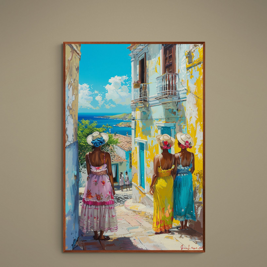 Impressionist Curacao poster with three women walking a sunlit street toward a turquoise sea