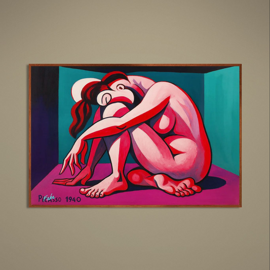 Modern cubist seated nude in pink and red with black outlines on turquoise and purple background