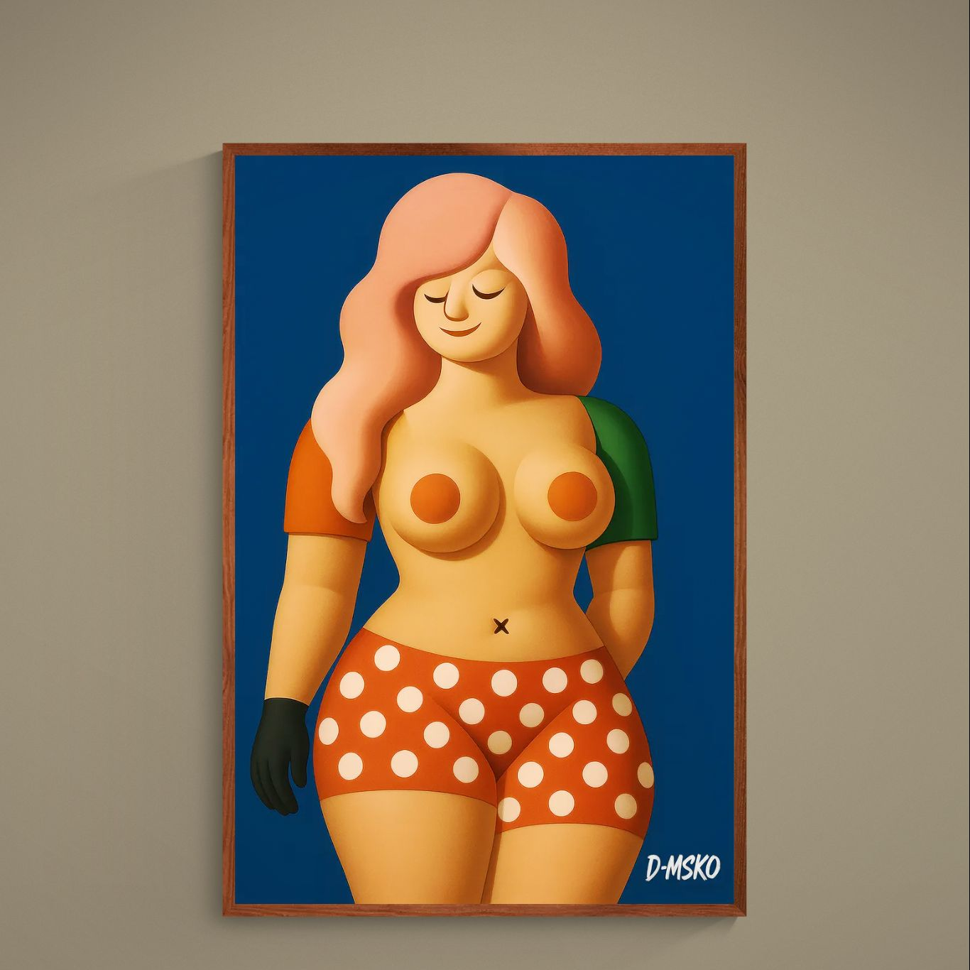 Pop art poster of curvy figure with pink hair, orange polka dot shorts, green sleeve, navy background