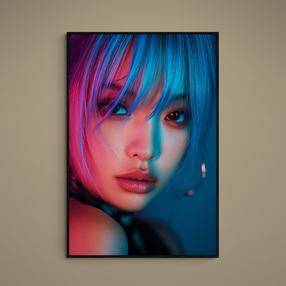 Close-up female portrait poster lit with pink and turquoise neon against black in vertical orientation