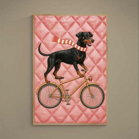 Black Doberman on a gold bicycle with striped scarf on pink diamond poster