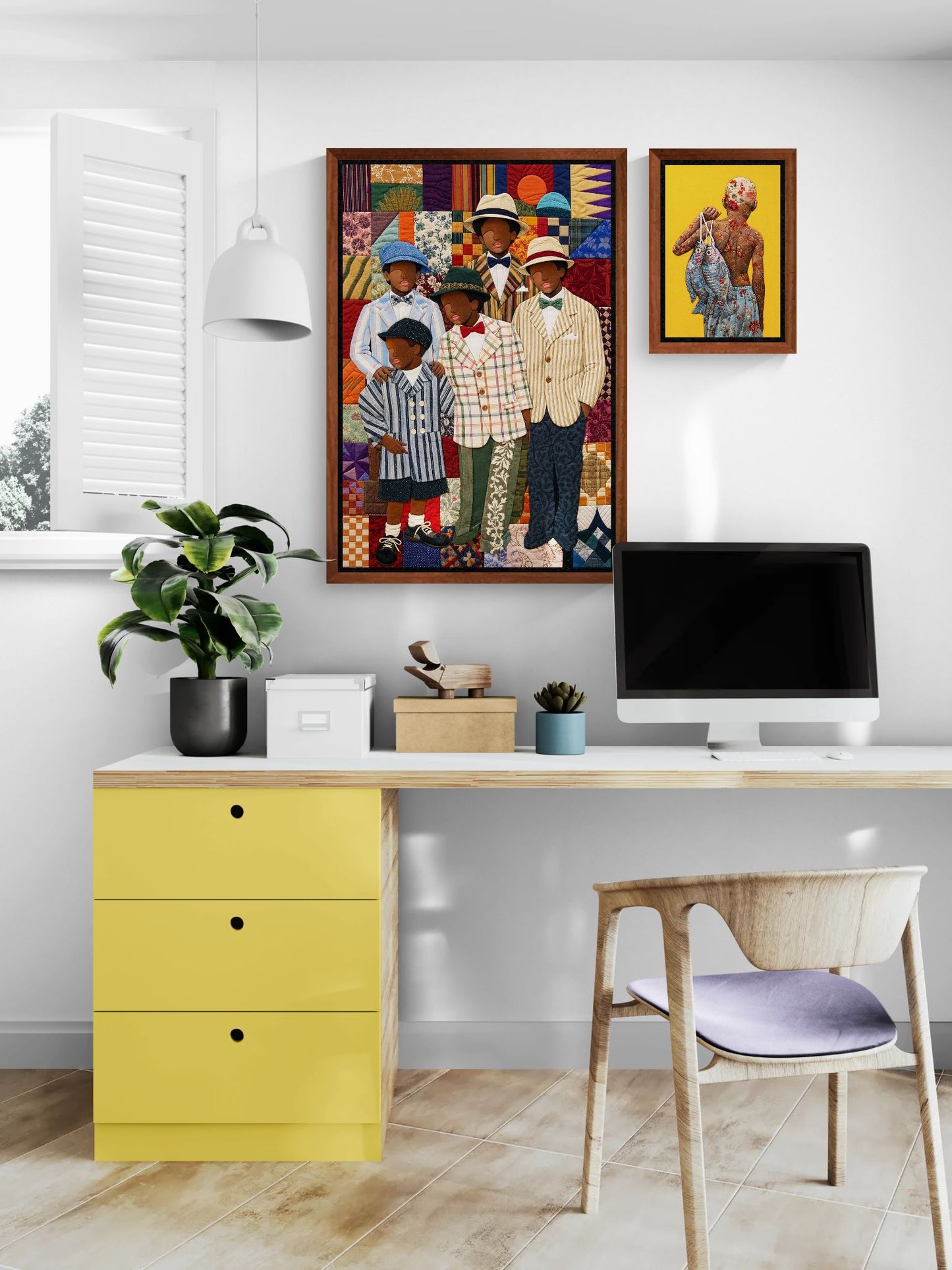 Framed Canvas, Dapper Brothers Black Boys Wall Art, Quilted-Style Vintage canvas