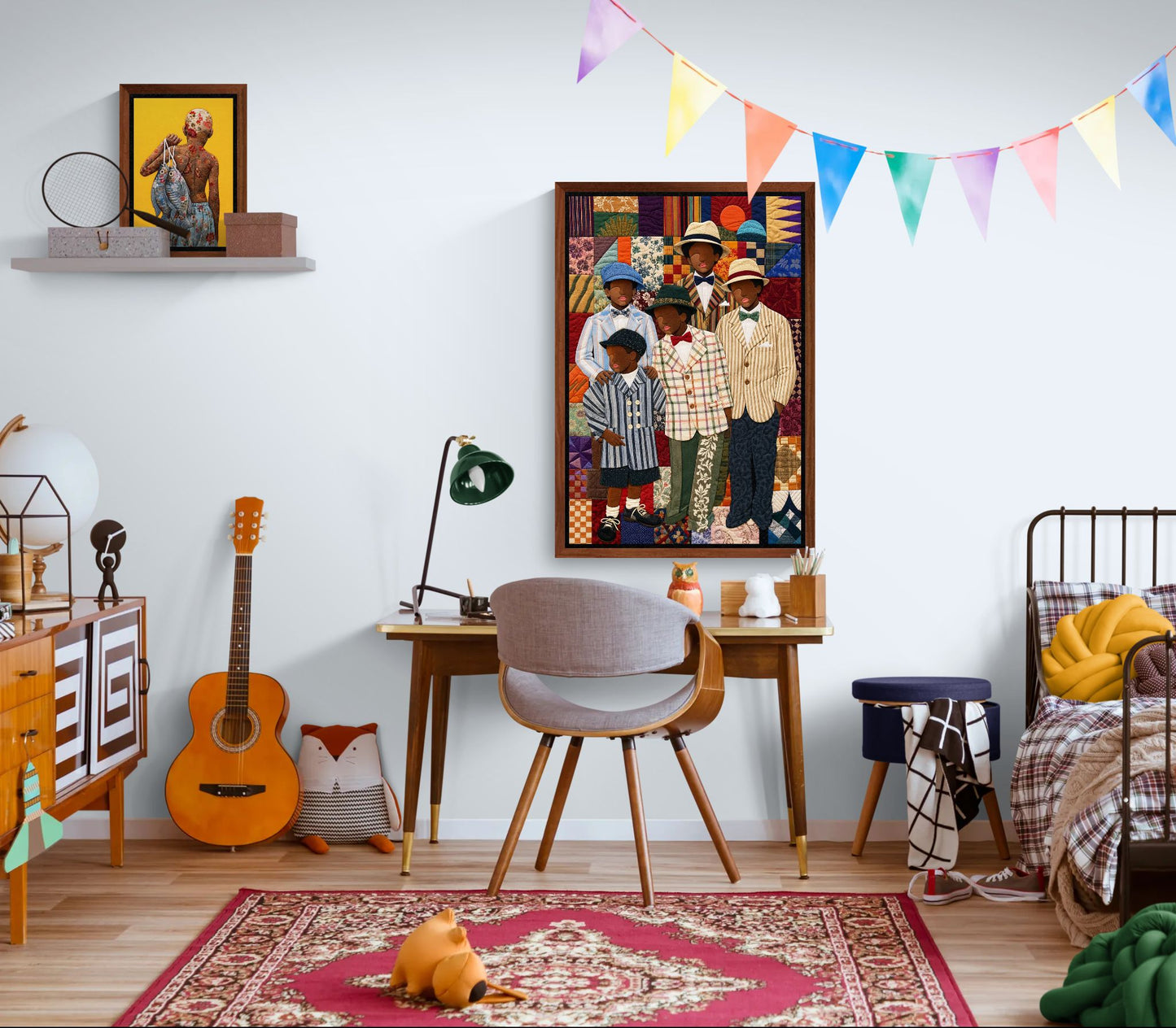 Framed Canvas, Dapper Brothers Black Boys Wall Art, Quilted-Style Vintage canvas