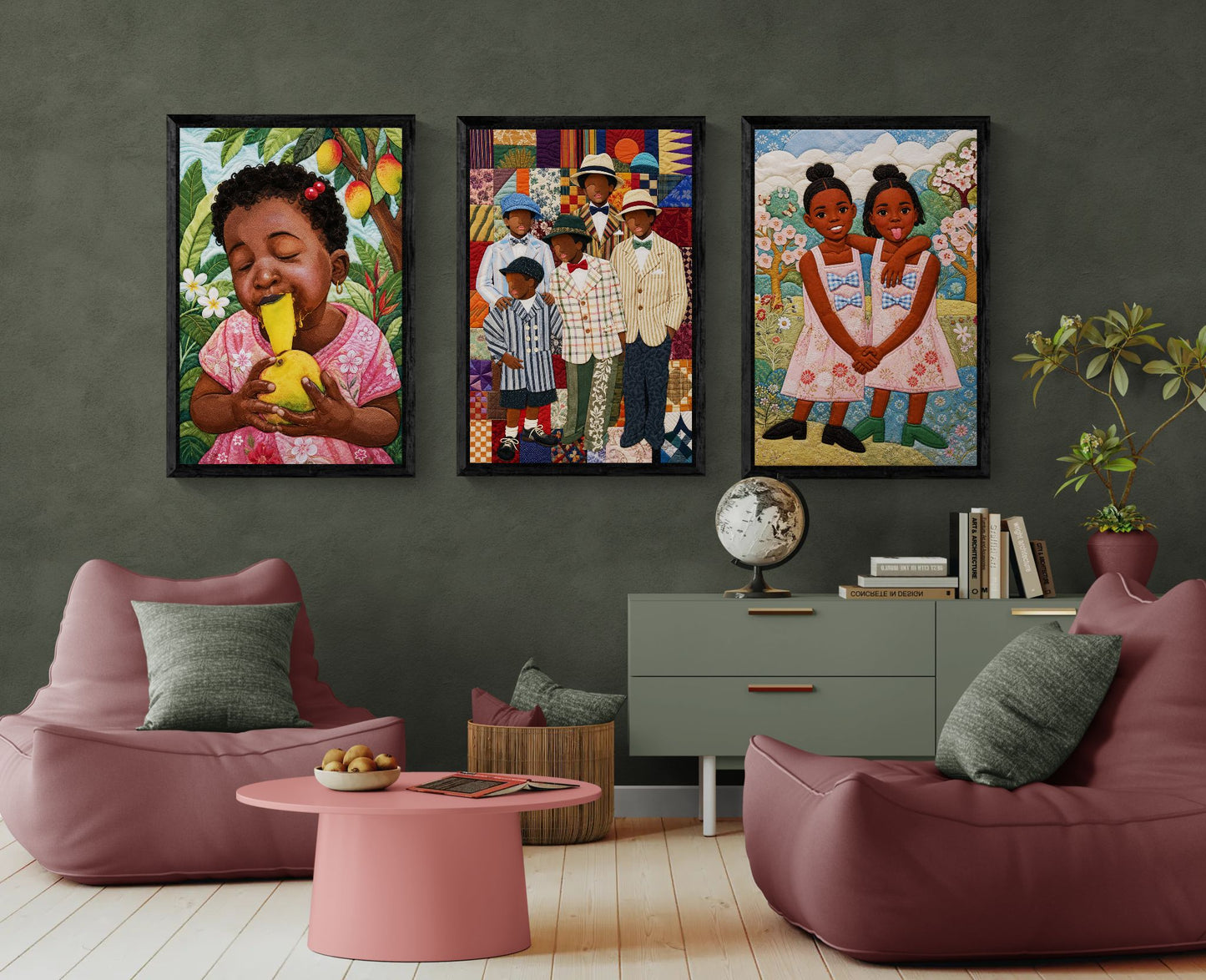 Sister Garden Framed Canvas - Quilt-Inspired Living Room Art
