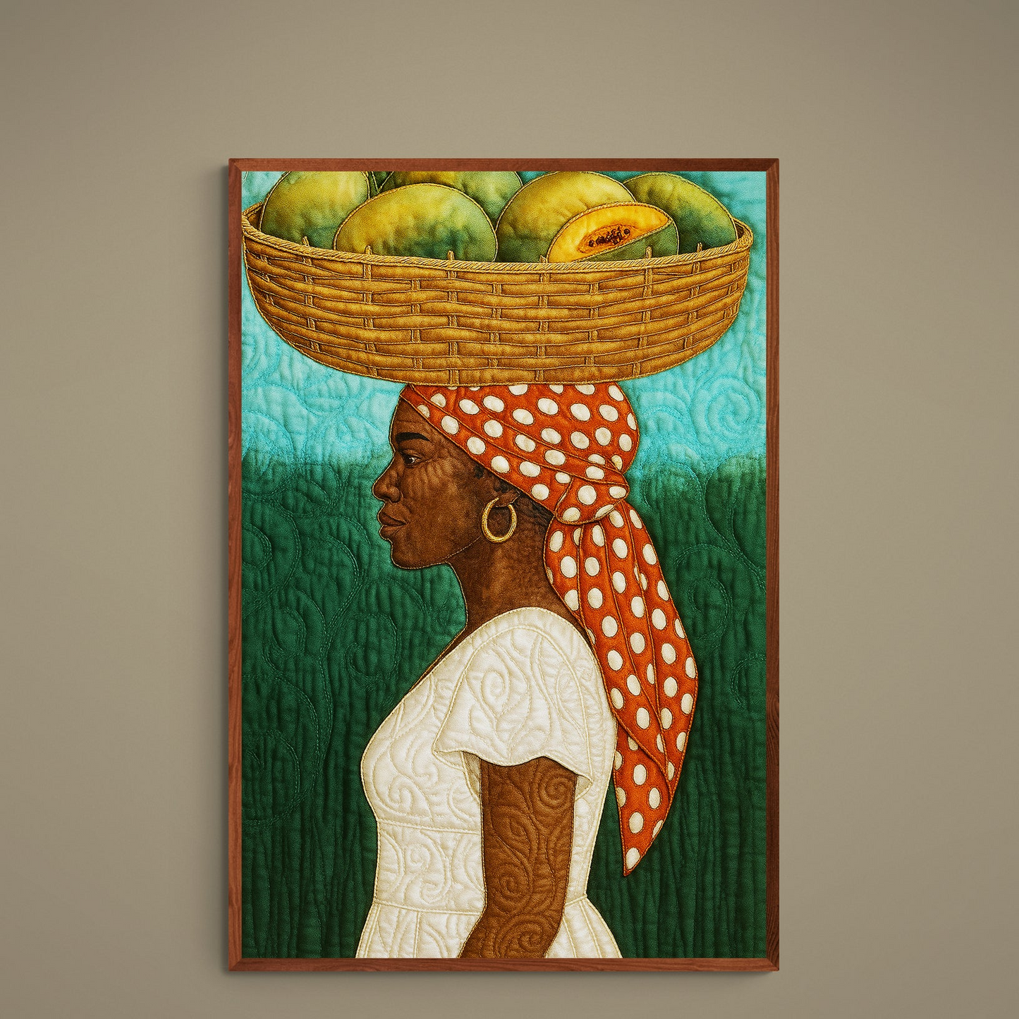 Black woman in profile balancing basket of melons, orange polka-dot headscarf, turquoise green background