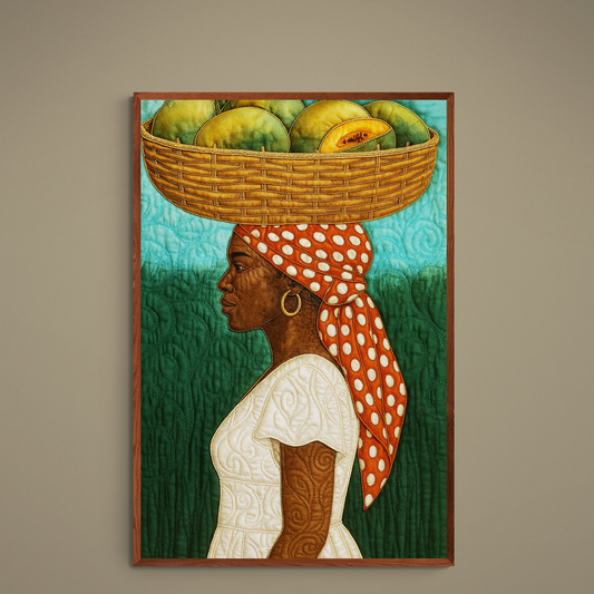 Black woman in profile balancing basket of melons, orange polka-dot headscarf, turquoise green background