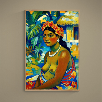 Post-Impressionist seated island figure with floral crown and shell jewelry in tropical setting