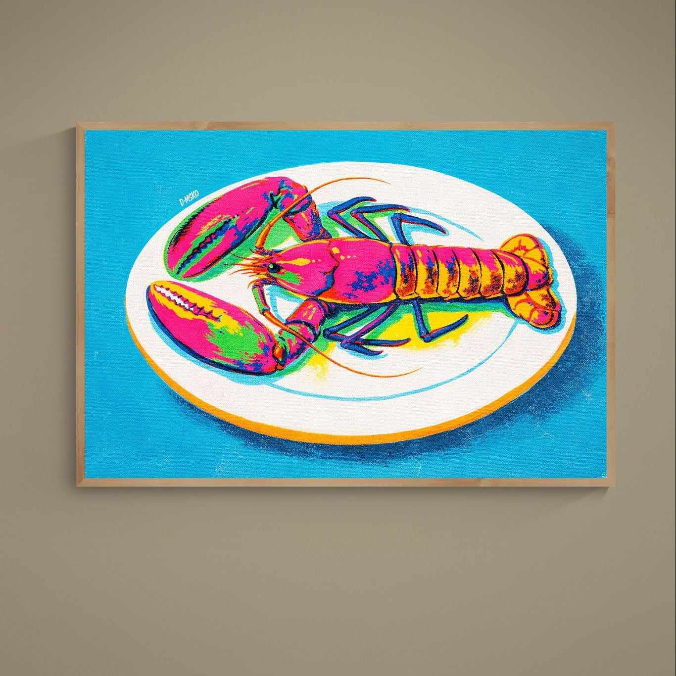 Pop art lobster on a white plate over turquoise with pink, yellow, green, orange and blue color blocks