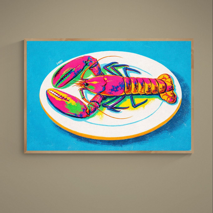 Pop art lobster on a white plate over turquoise with pink, yellow, green, orange and blue color blocks