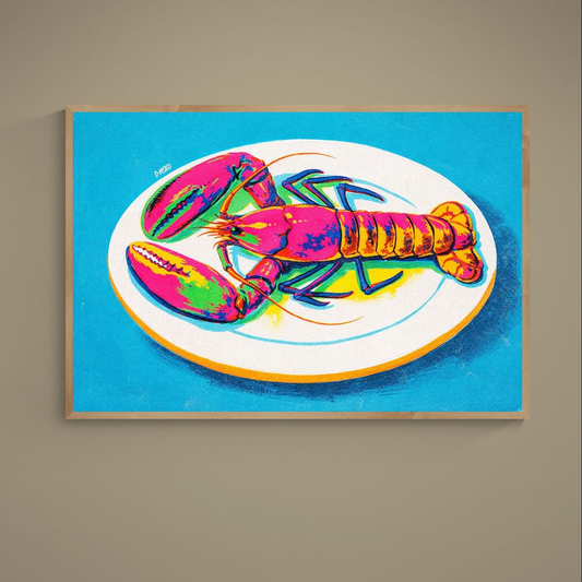 Pop art lobster on a white plate over turquoise with pink, yellow, green, orange and blue color blocks