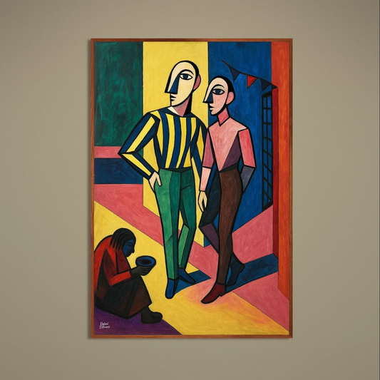 Cubist-inspired abstract poster with three stylized figures in yellow, blue, green, red and burgundy
