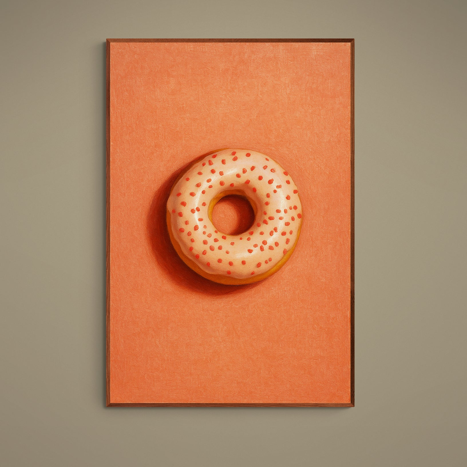 Pink frosted donut with red sprinkles centered on a peach orange matte poster