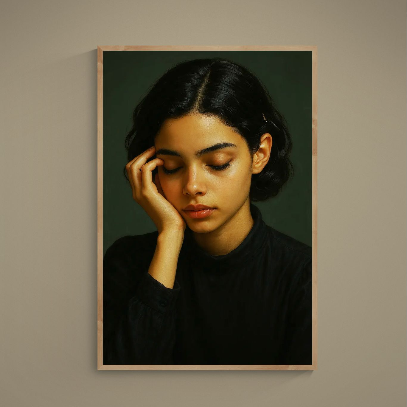 Photorealistic closed-eye portrait on deep green background in thin light wood frame