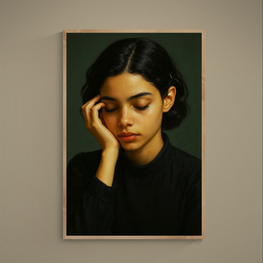 Photorealistic closed-eye portrait on deep green background in thin light wood frame