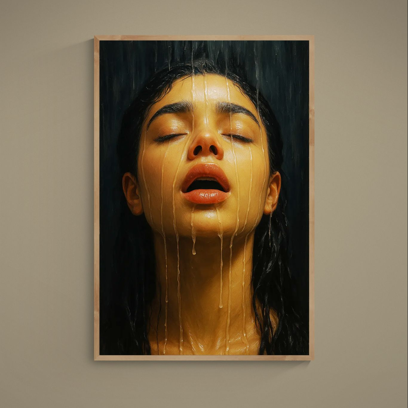 Framed matte poster of photorealistic female portrait with rain streaks against black background