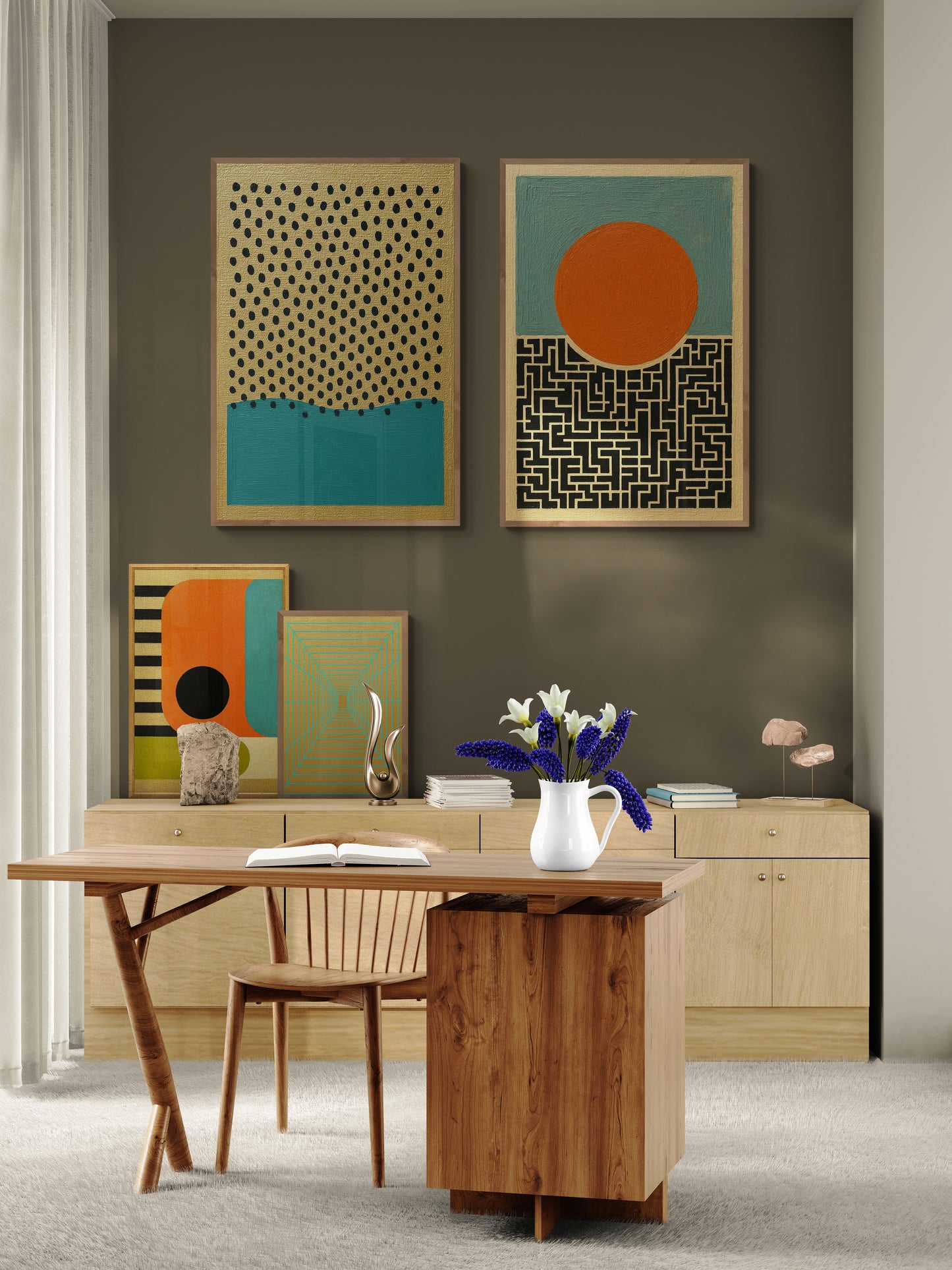 Drops of Silence Gold-Textured Matte Paper Poster - Mid-Century Style
