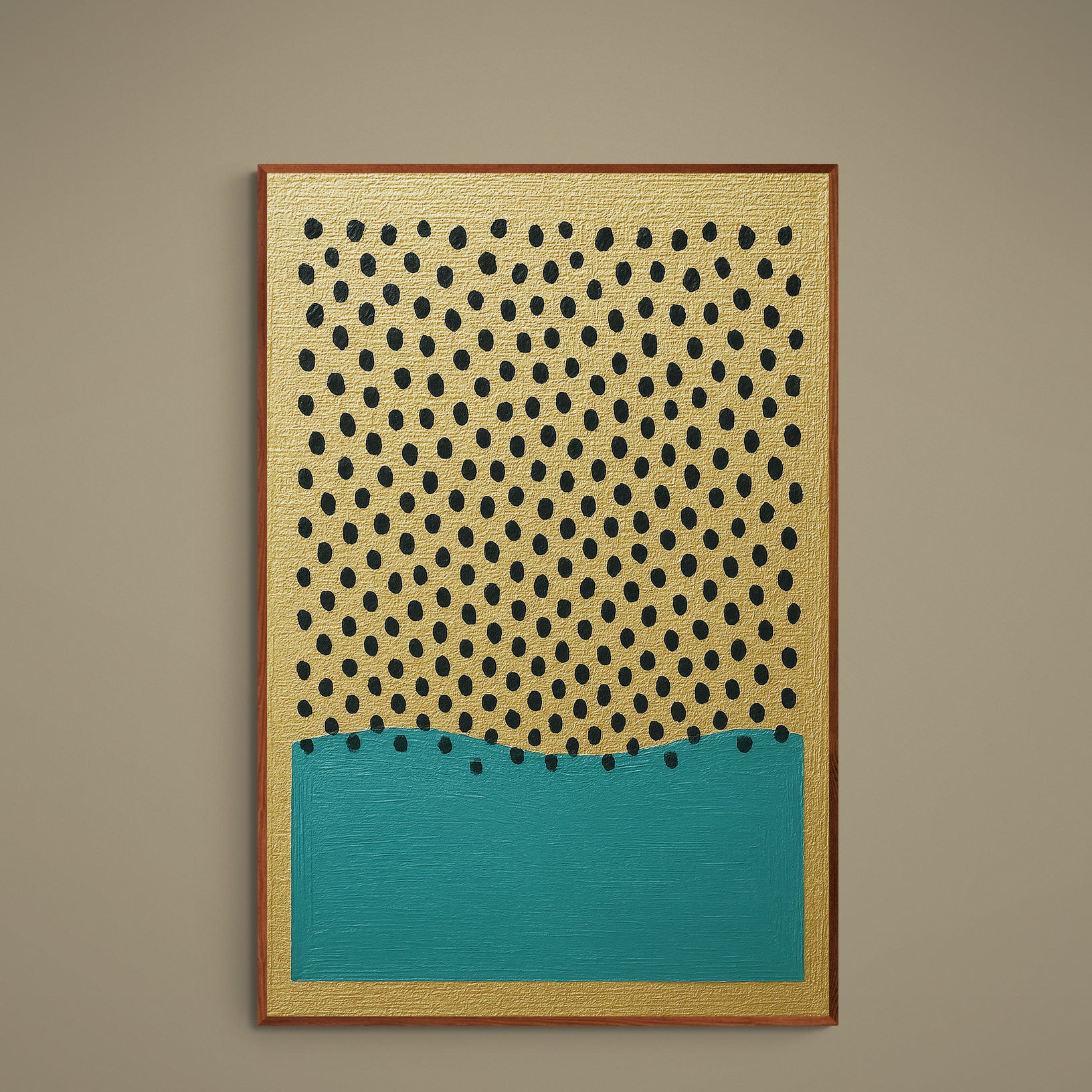 Gold and turquoise abstract poster with black dots in a slim wood-look frame