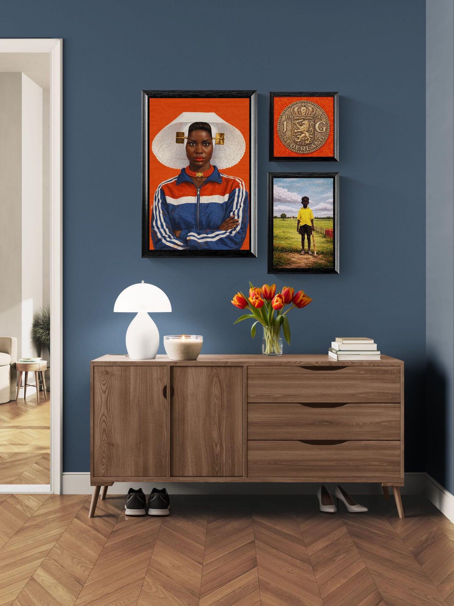 1956 Dutch guilder coin on orange damask, retro-vintage framed canvas with dark wood frame, textured relief effect by Damsko 