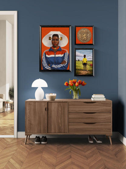1956 Dutch guilder coin on orange damask, retro-vintage framed canvas with dark wood frame, textured relief effect by Damsko 