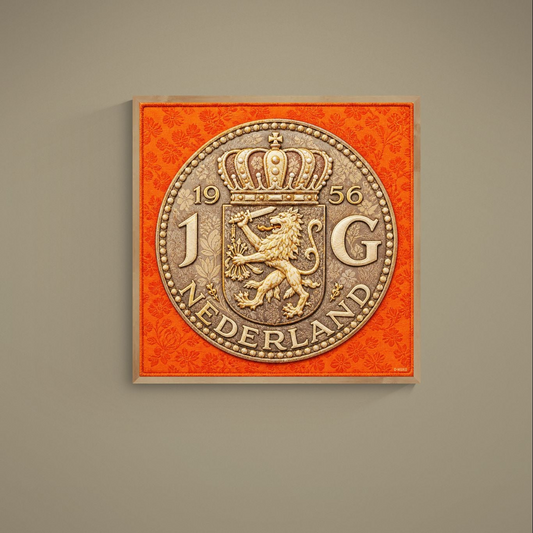 Vintage Dutch guilder poster featuring 1956 Netherlands coin with crowned heraldic lion on orange floral background