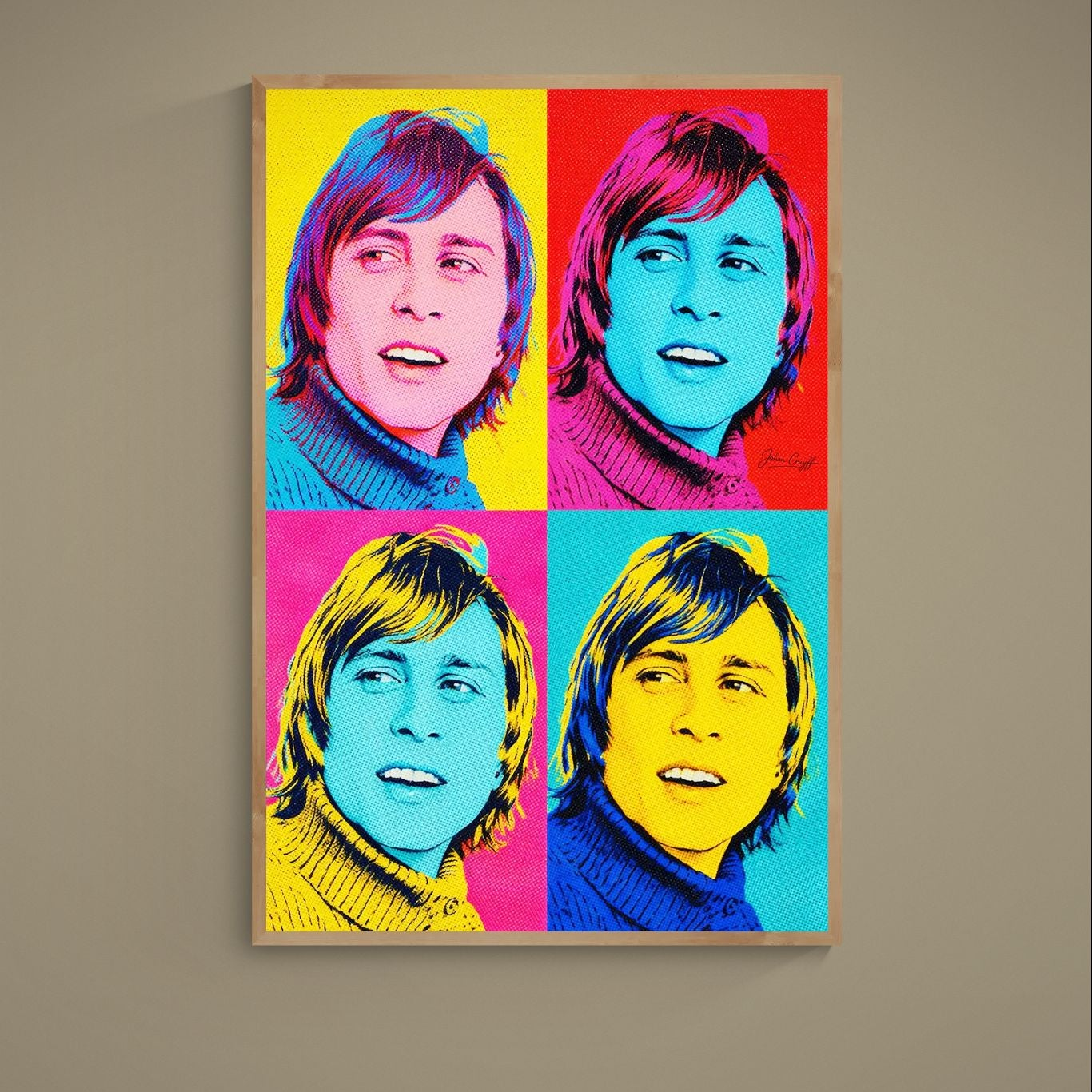 Four-panel pop art portrait poster with bold turquoise, pink, yellow, red, blue and black halftone colors