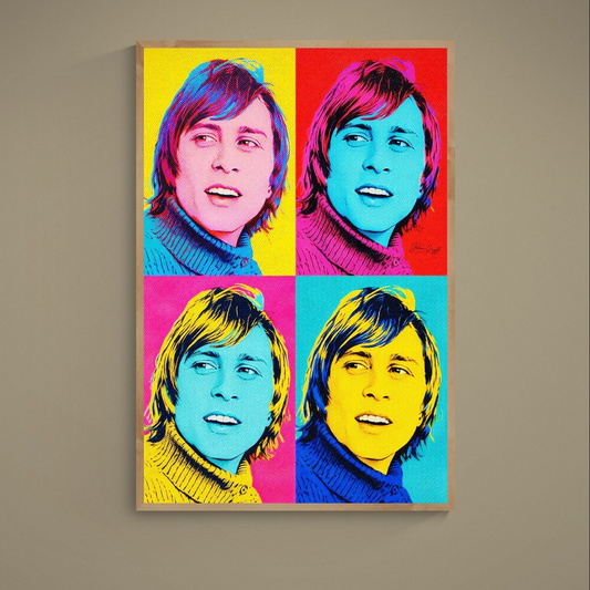 Four-panel pop art portrait poster with bold turquoise, pink, yellow, red, blue and black halftone colors