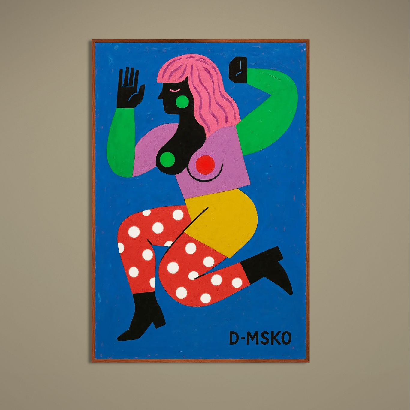 Color-block abstract female figure on blue poster with pink hair, green sleeves and red polka-dot leggings
