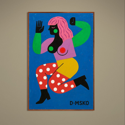 Color-block abstract female figure on blue poster with pink hair, green sleeves and red polka-dot leggings