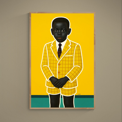 Stylized child portrait in yellow checkered suit on yellow background with navy burgundy tie