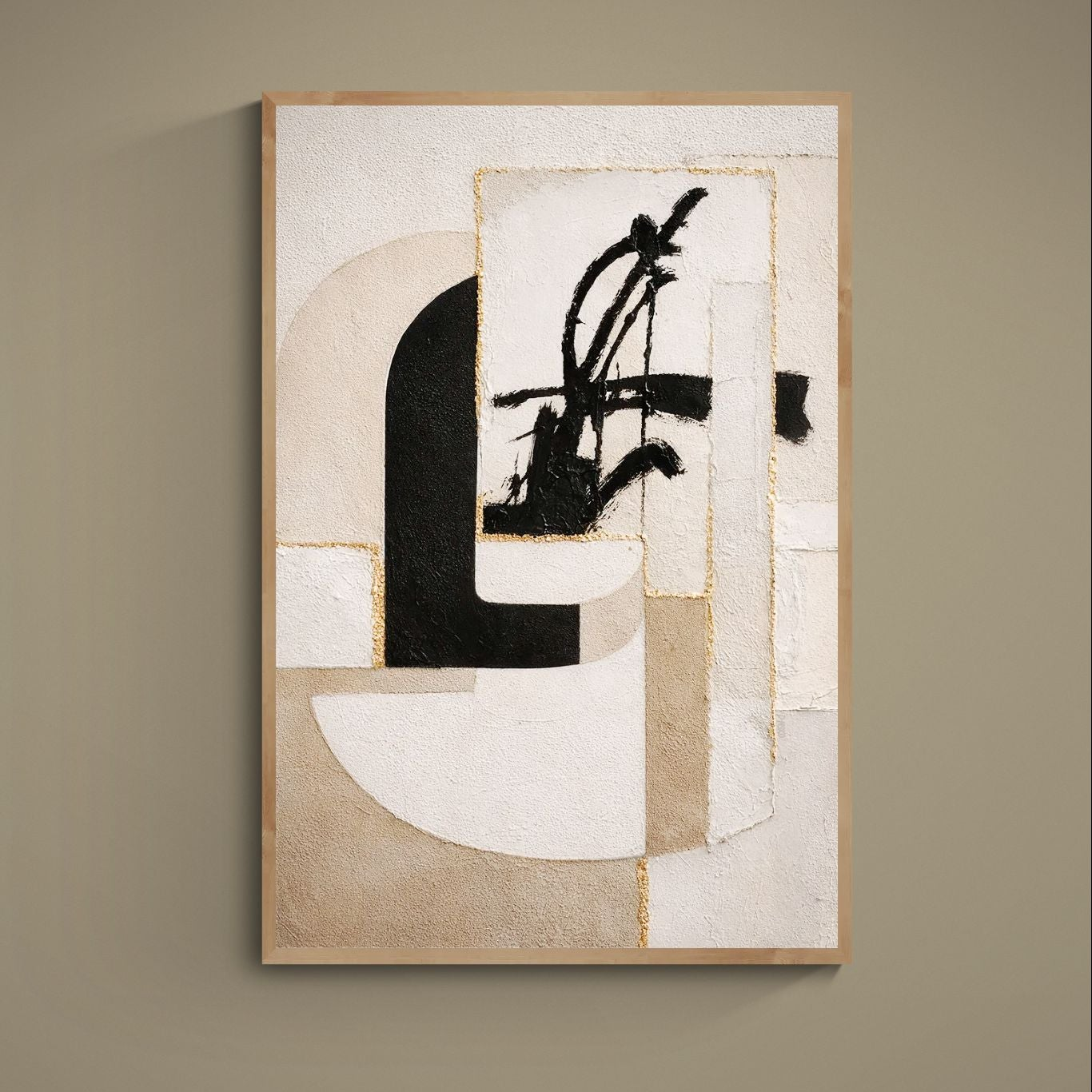 Beige and cream abstract poster with black brushstroke, gold lines, and geometric arches