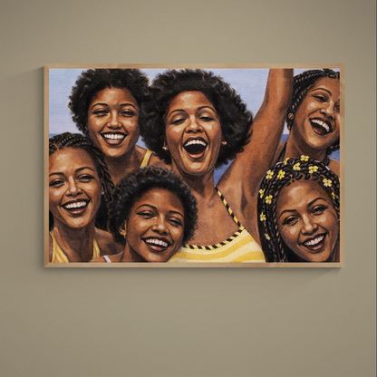 Photorealistic portrait poster of smiling Black women with natural hair and yellow accents