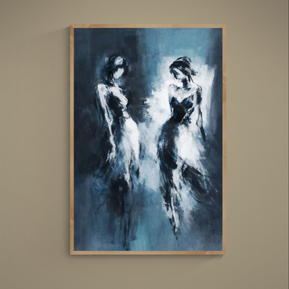 Blue abstract poster of two dancers in expressive black and white brushstrokes on matte paper