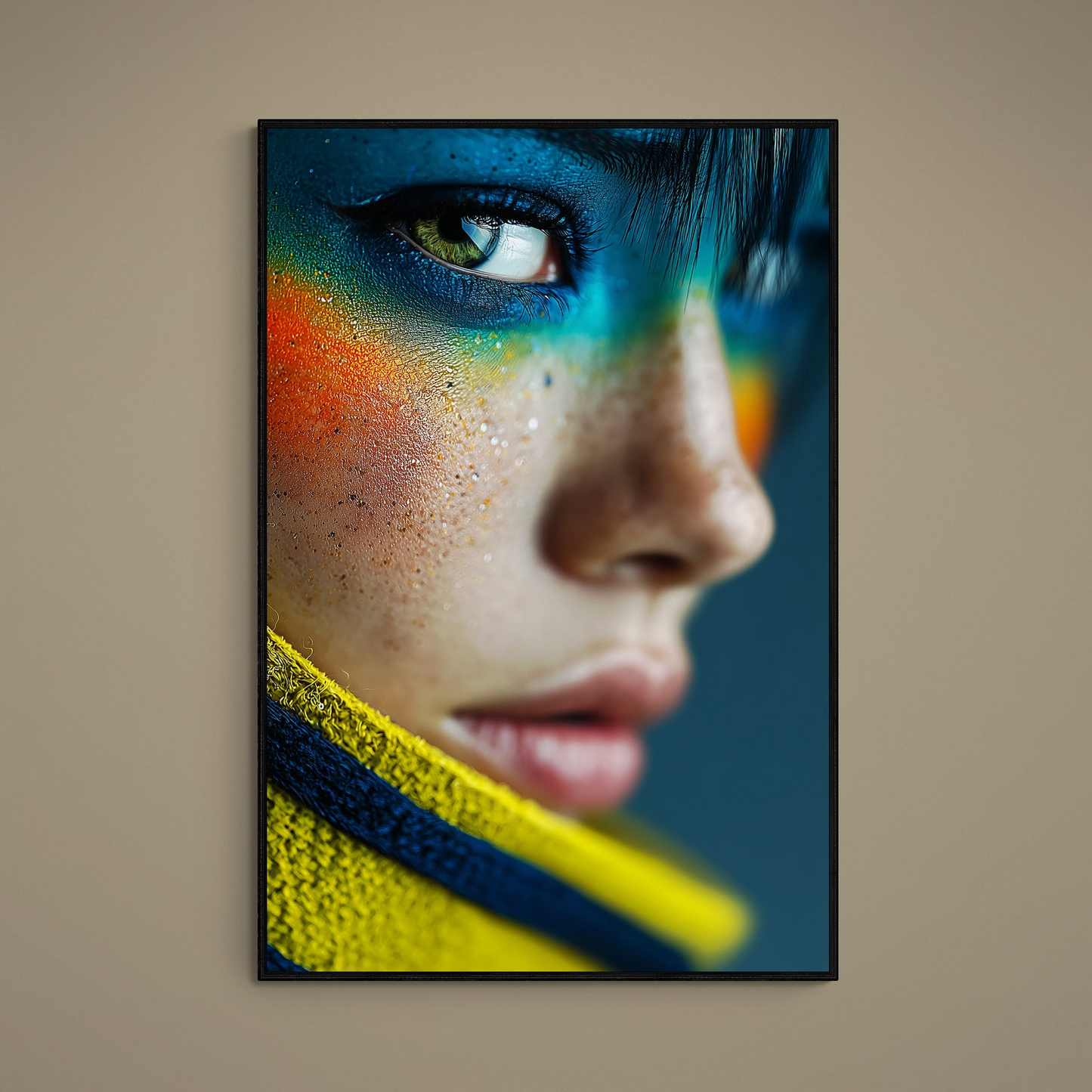 Extreme close-up portrait poster with green eye, blue teal makeup, orange face paint and freckles