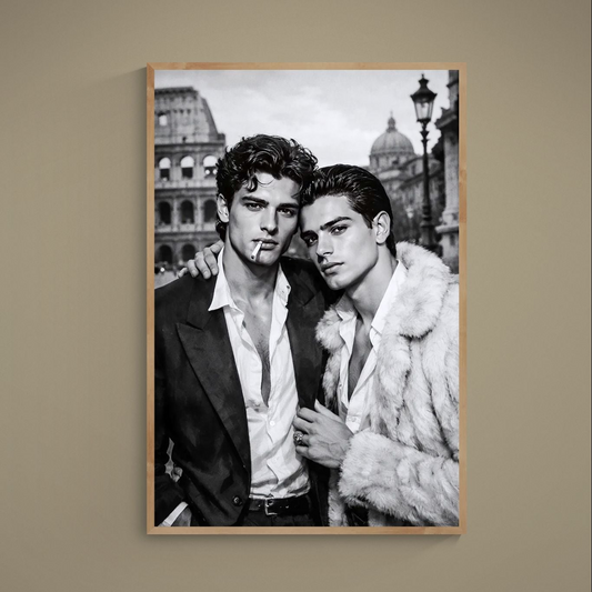 Black and white poster of two men with Rome Colosseum and domed landmark in the background