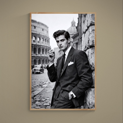 Black-and-white poster of suited man with cigarette before the Colosseum in a wood frame mockup